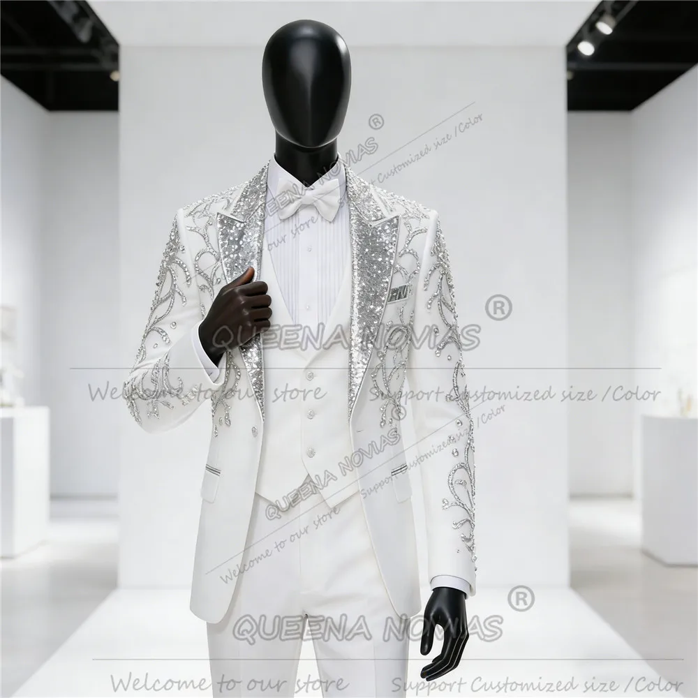 Trajes de boda con cuentas de cristales para hombre, trajes ajustados con lentejuelas brillantes, chaquetas para graduación, esmoquin personalizado para banquete y novio 2026