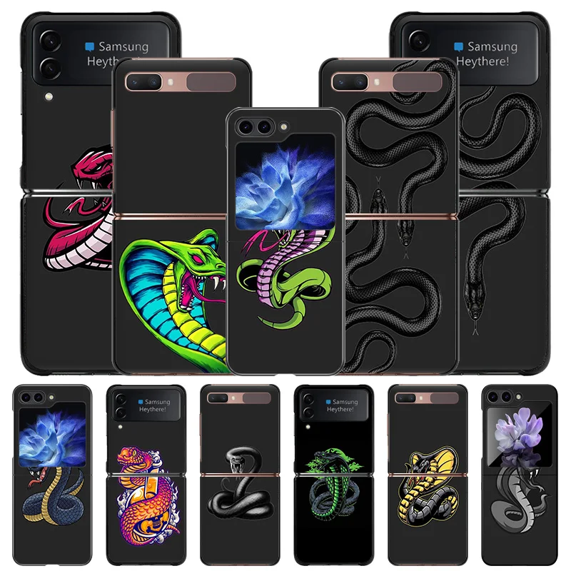 Hard Phone Cases For Samsung Z Flip 6 5 4 3 Galaxy Flip6 5G Flip5 Flip4 Flip3 Fashion Snake Cobra Python PC Black Matte Cover