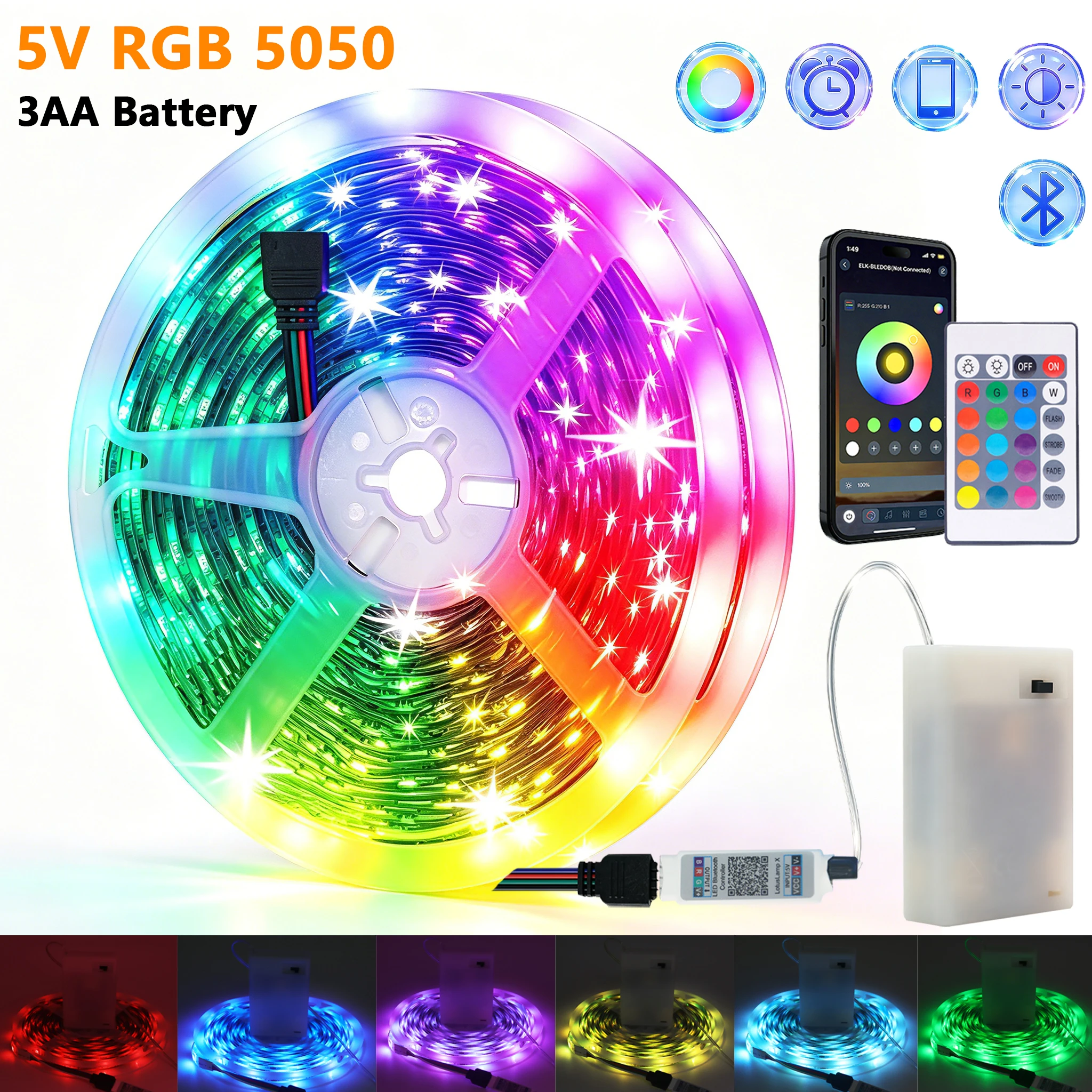 5V 5050 RGB LED Strip Light Bluetooth Battery Power 44 24 KEY Remote Control Kit 30LED White Black PCB Waterproof Flex Tape Lamp