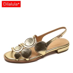 Dilalula Hot Sale Full Genuine Leather Flat Heel Sandals Women Peep Toe Carving Circle Decoration Low Thick Heels Summer Sandals
