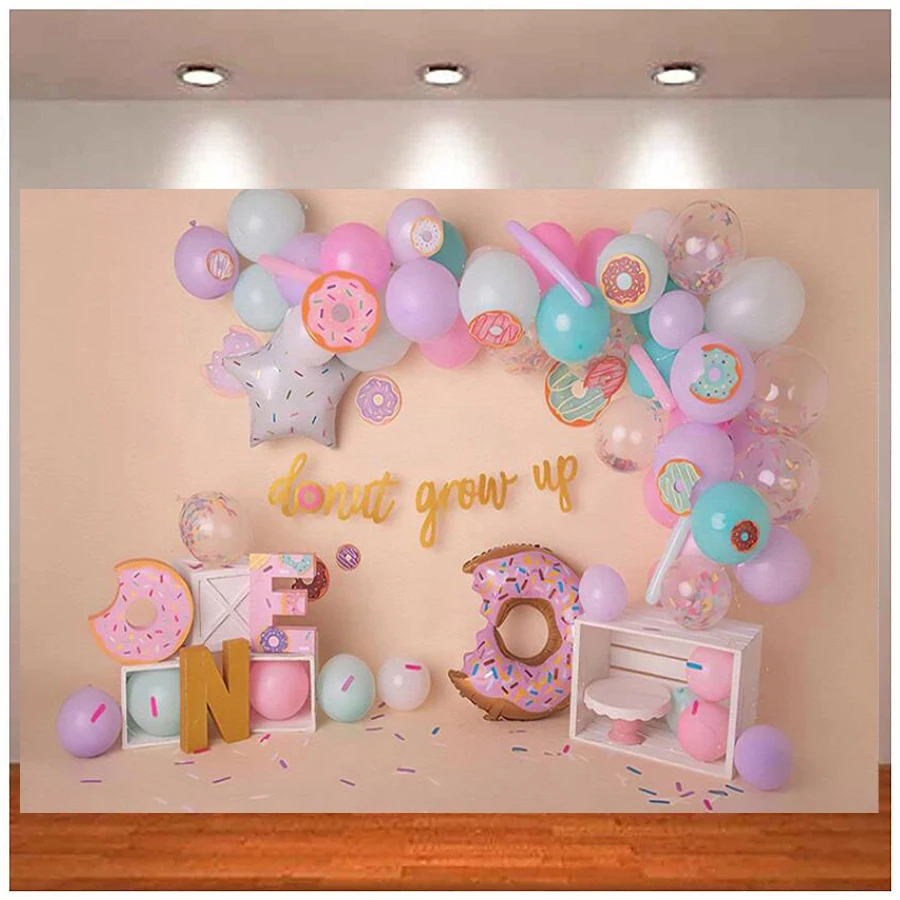 Photography Backdrop Sweet Donut Grow Up Balloon Girl 1st Birthday Party Cake Smash Background Decoration Banner Photo Studio