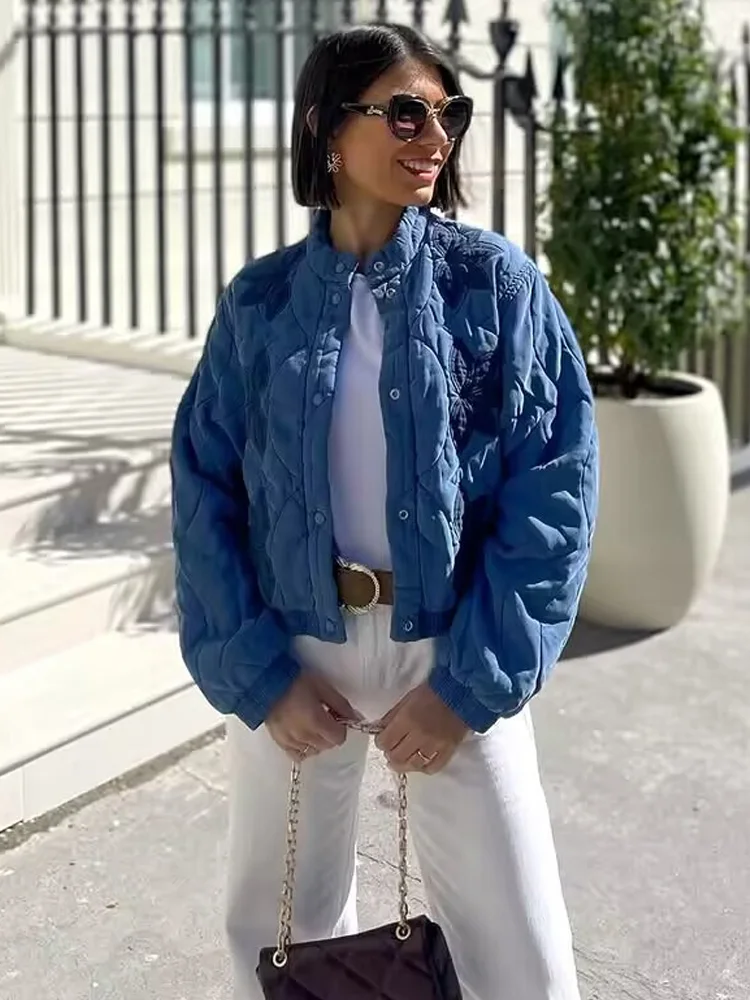 HH 2025 موضة المرأة مبطن سترة قطن الخريف الإناث طويلة الأكمام التطريز مبطن معاطف قصيرة سيدة شارع العليا أبلى