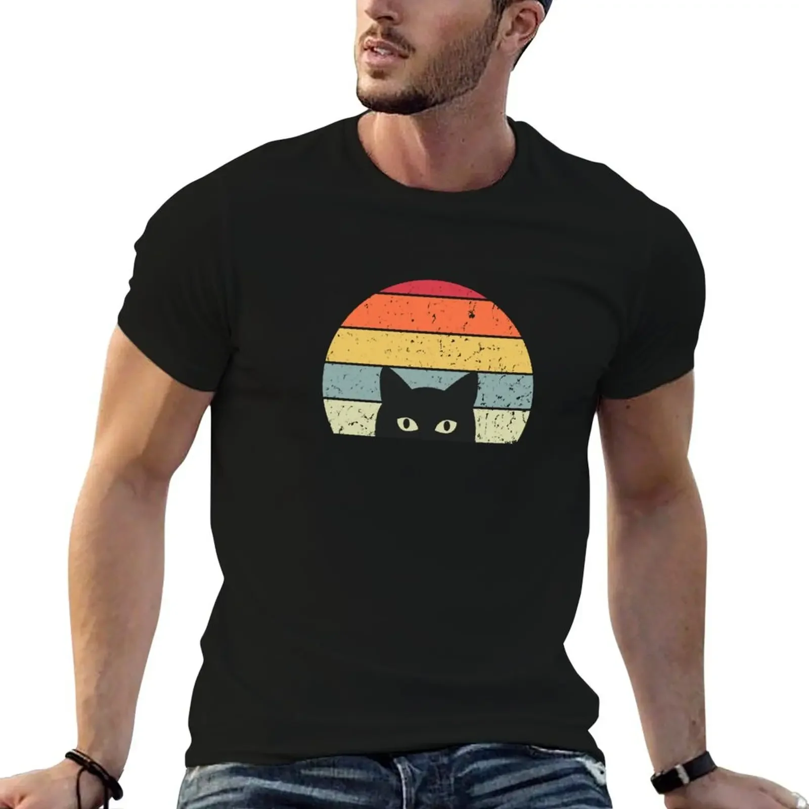 

Retro Cat T-Shirt boys whites vintage graphic tee anime shirts men