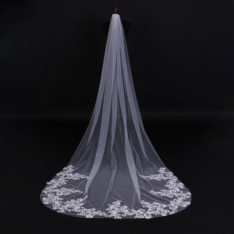 

Bridal Veil One-Layer Lace Trim Appliques Sheer Tulle 118 Inches Long Drop Chapel Veil for Wedding Photo Props White