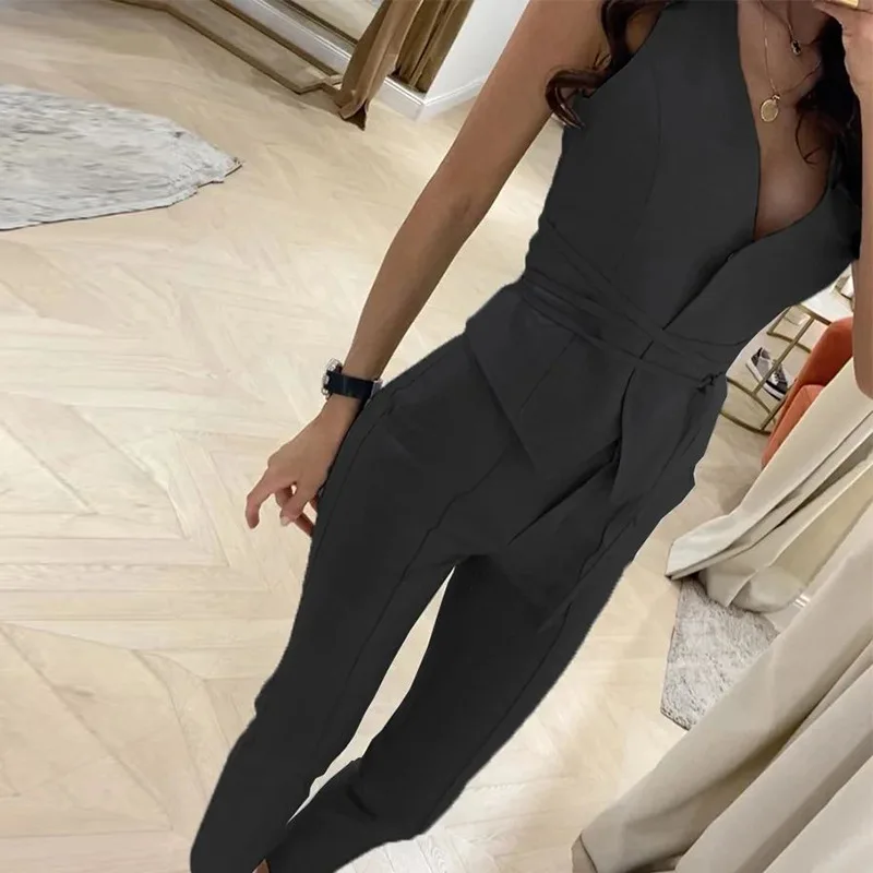 Two Piece Set For Women V-neck Slim Sleeveless Leace-up Tops Tight Long Pants Ladies Sets 2023 Spring Summer New Offce Commuting