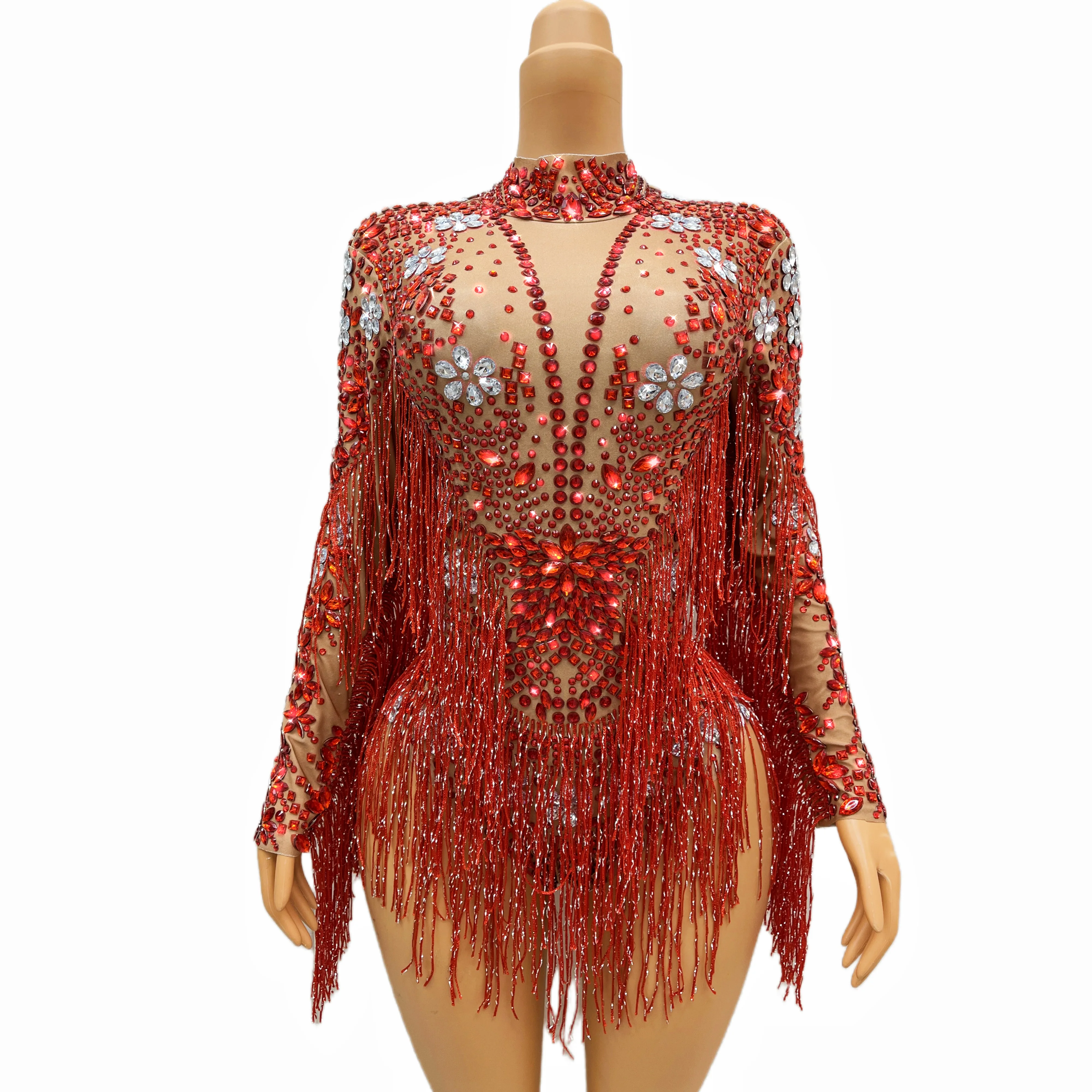 Special Handmade Stage Costume Shining Tassels Rhinestones Leotard Women Singer Dancer Collection Party Show Outfit Wangsha