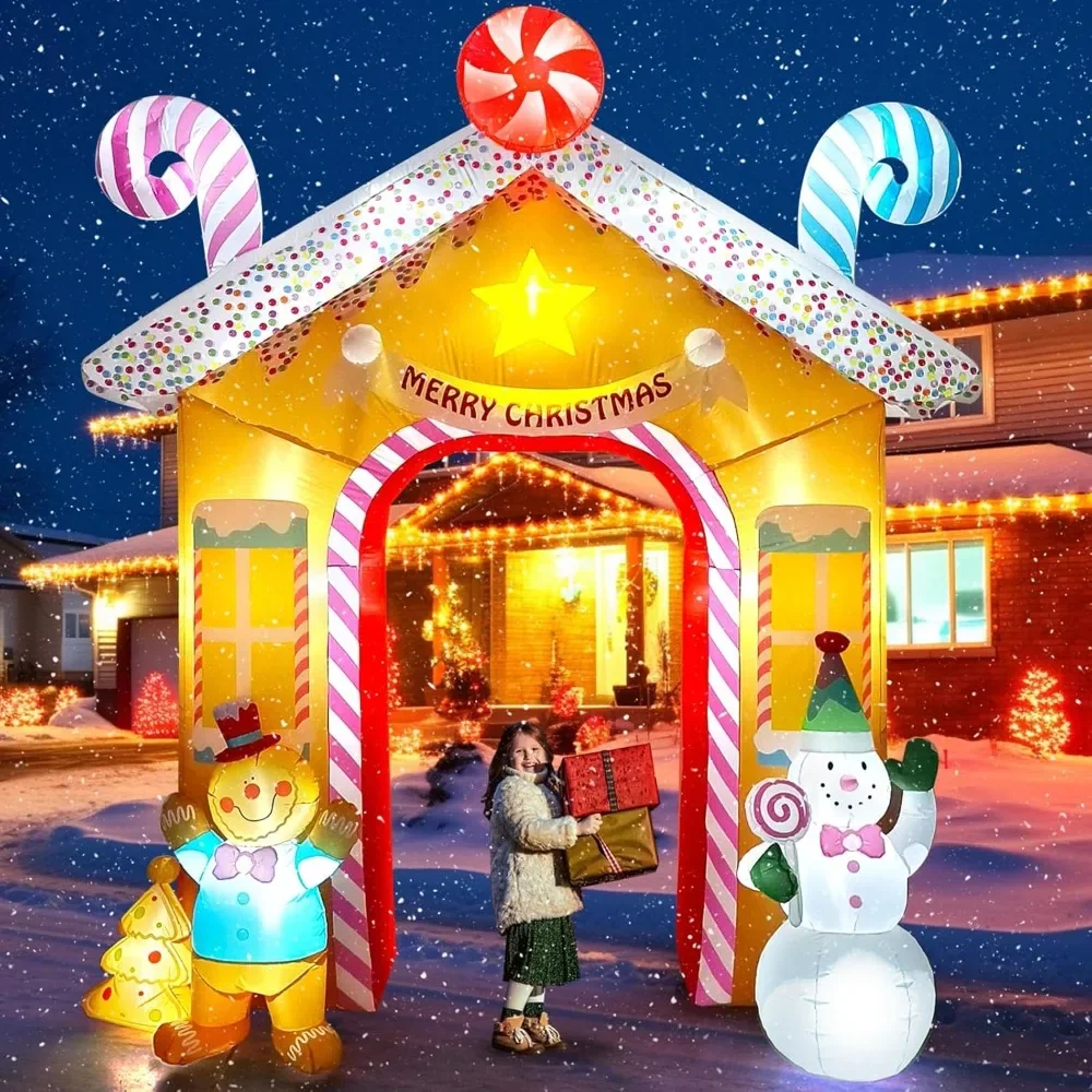 10FT Christmas Inflatables Arch for Outdoor Decoration, Xmas Gingerbread Man Snowman Blow Up Yard Decorations with Built-in LED