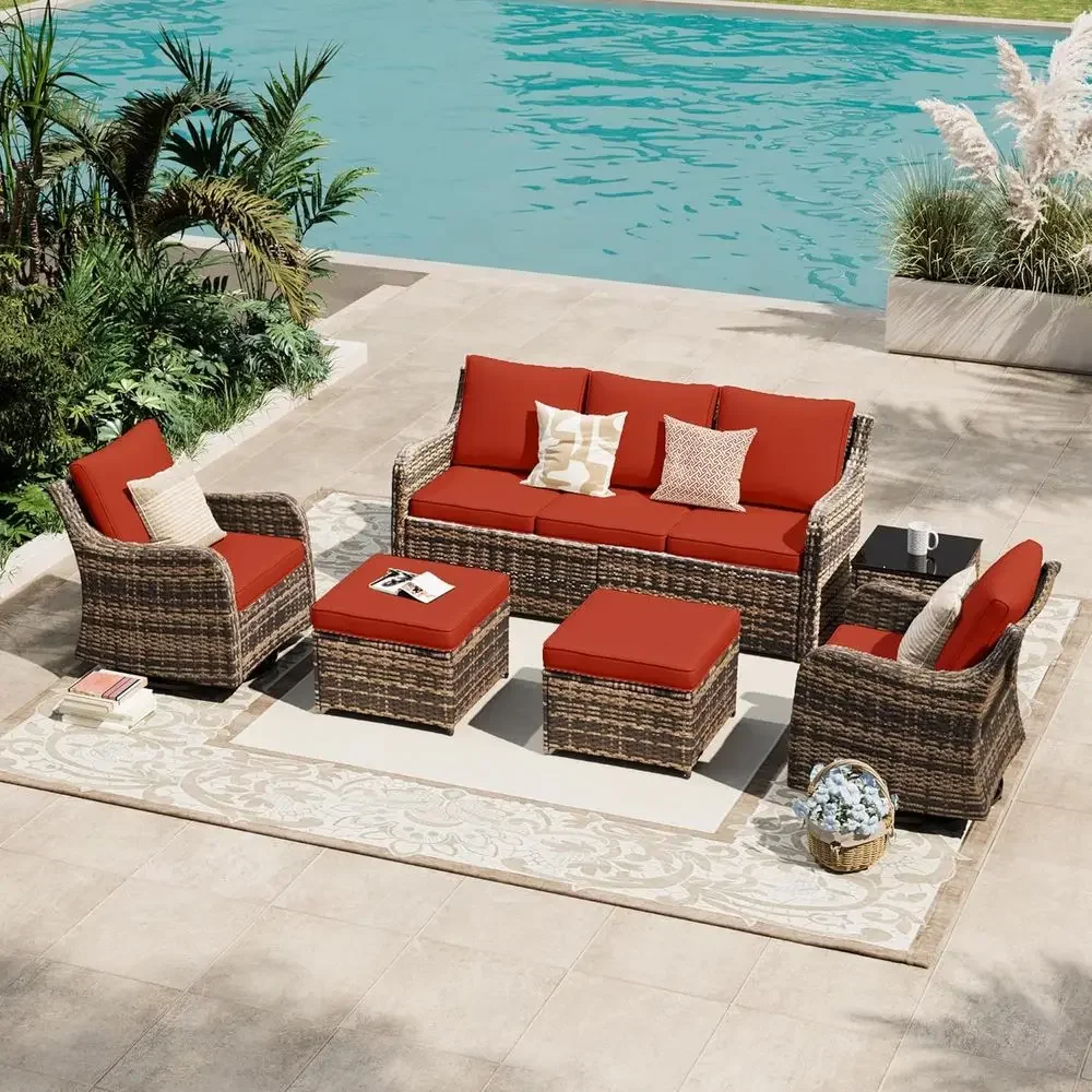 

6-Piece Outdoor Patio Furniture Set with Swivel Rocking Chairs, Wicker Sofa, Waterproof Cushions, Ideal for Lawn, Backyard, Porc
