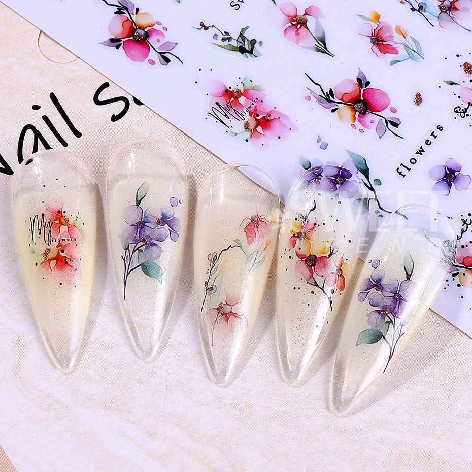 12 قطعة ثلاثية الأبعاد الهندسة زهرة ليف مسمار ملصقات الصيف الحبر تزهر الزهور ملصق مائي المنزلق لمسمار الفن لوازم مانيكير الديكور #5
