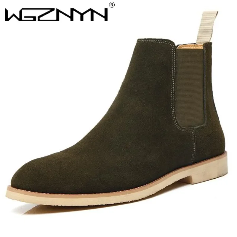Fashion Yellow Chelsea Boots Men Pointed Comfortable Dress Boots Men Slip On Cheap Women Men\'s Suede Shoes Zapatos Hombre Casual