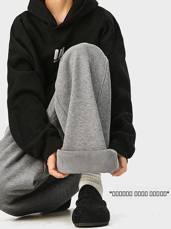 

Американские утепленные повседневные мужские брюки на флисовой подкладке, свободные прямые брюки в стиле ретро, теплые широкие брюки