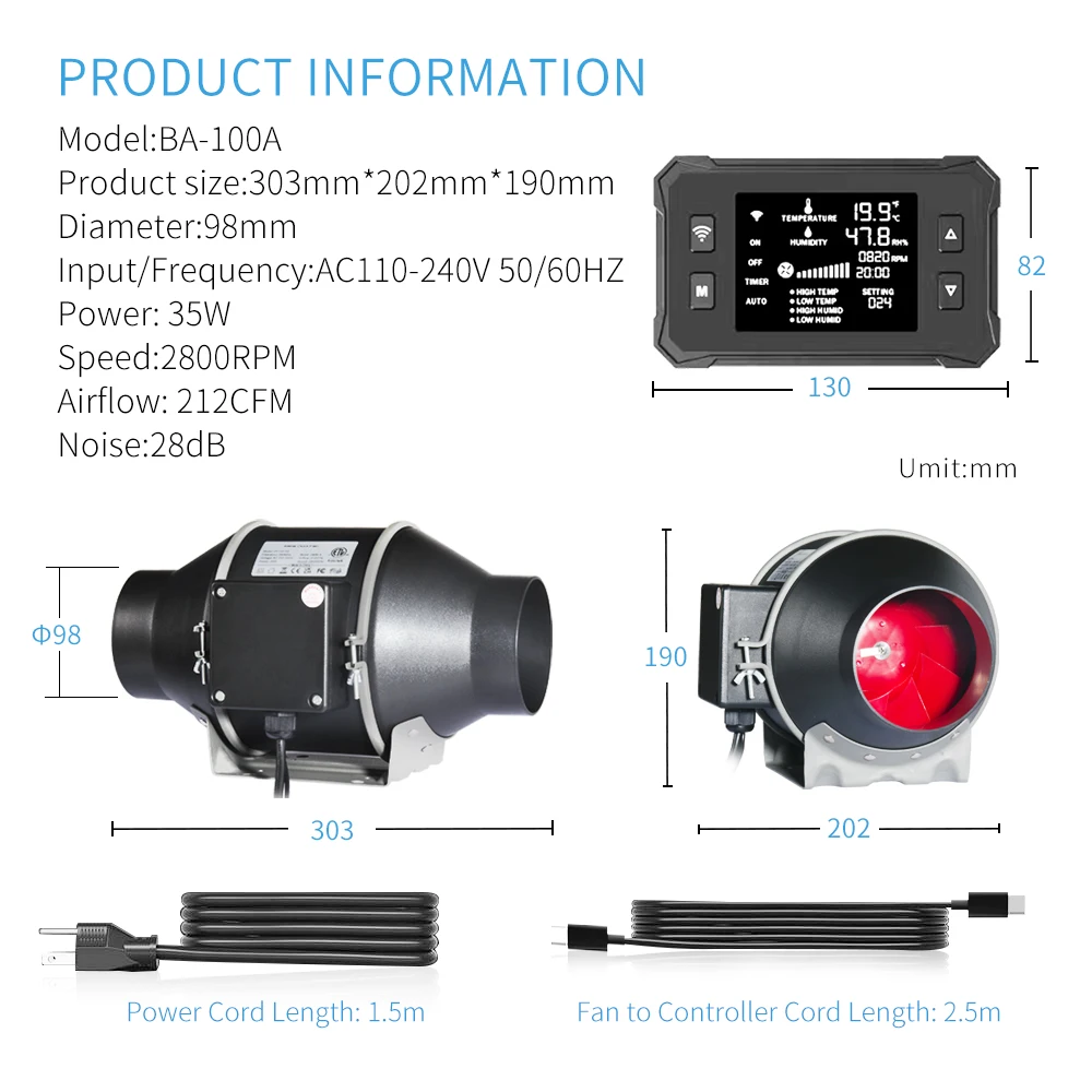 BAVAGREEN Smart WIFI APP مروحة تهوية أنبوبية مضمنة 4 بوصة 215 CFM وحدة تحكم قابلة للبرمجة EC موتور مروحة نفخ الهواء العادم