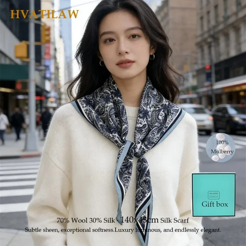 Elegant 30% Silk 70% Wool Scarf 140x43cm Women Luxury Shawl Wrap Soft Warm Winter Pashmina Foulard Neck Scarf Designer Bandana