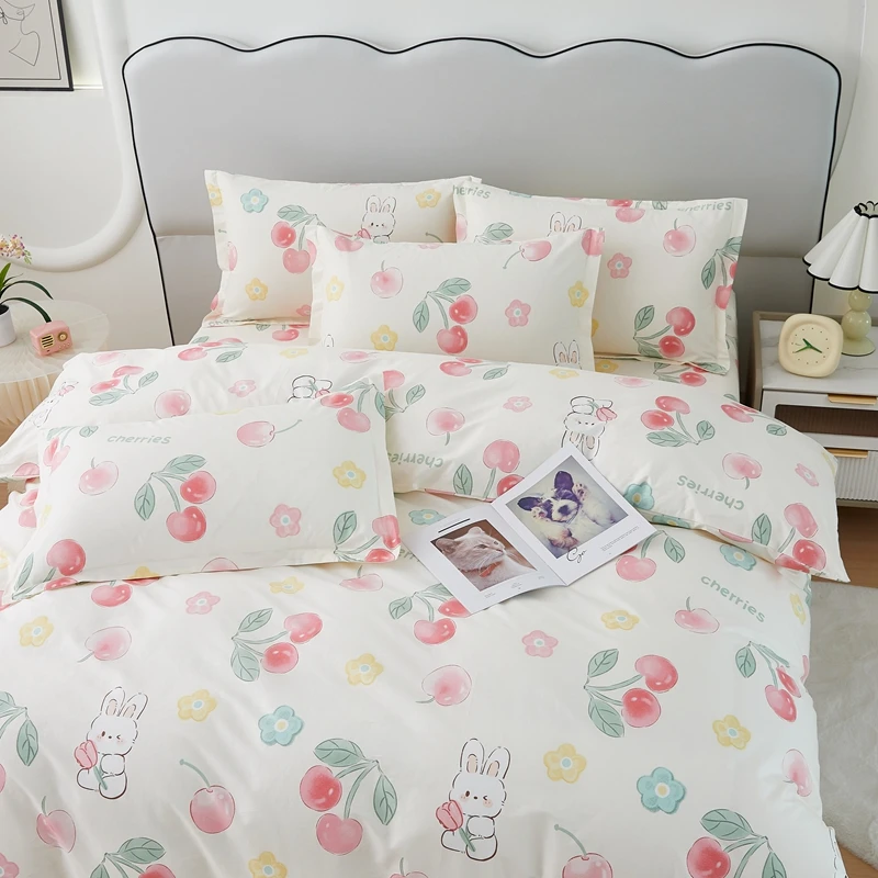 Cute Cherry Duvet Cover Set Kawaii Cartoon Rabbit Bedding Set 100% Cotton Fruit Reversible Comforter Cover with Zipper Closure