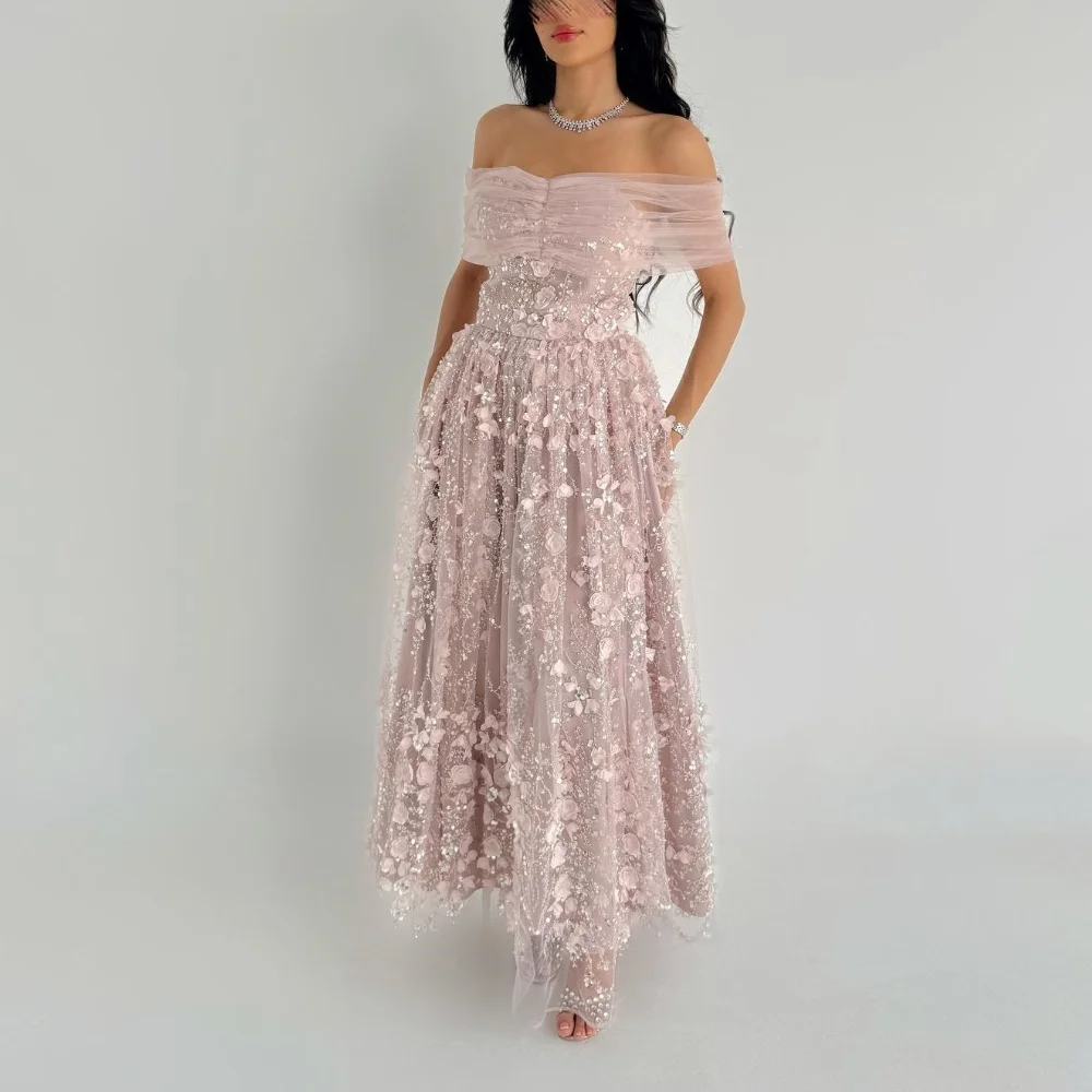 

Sparkle Net Pleat Sequined A-line Off-the-shoulder Midi Dresses Homecoming Dresses Classic Exquisite Modern Style Pastrol