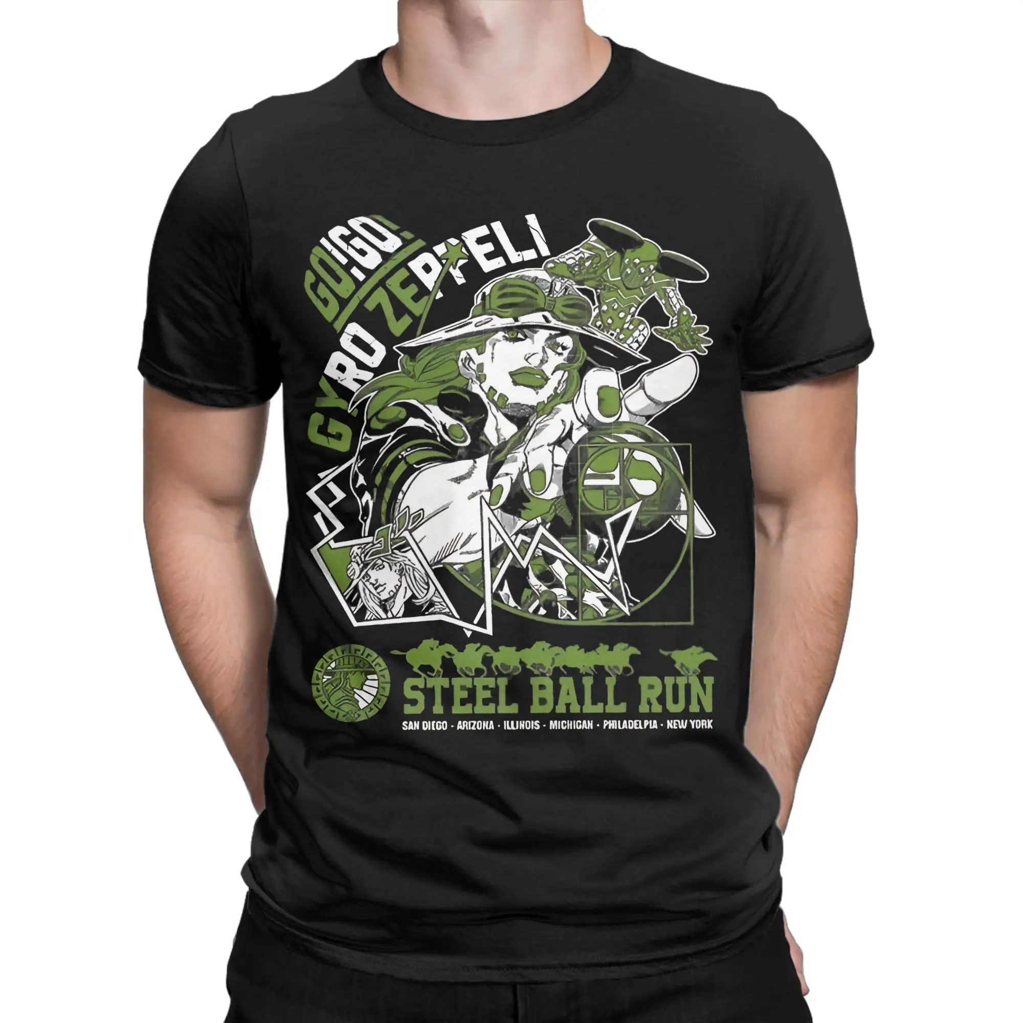 Camiseta Gyro Zeppeli, modelo inovador, para homens e mulheres, com gola redonda, feita de algodão puro, camisetas de manga curta com tema de anime Jo