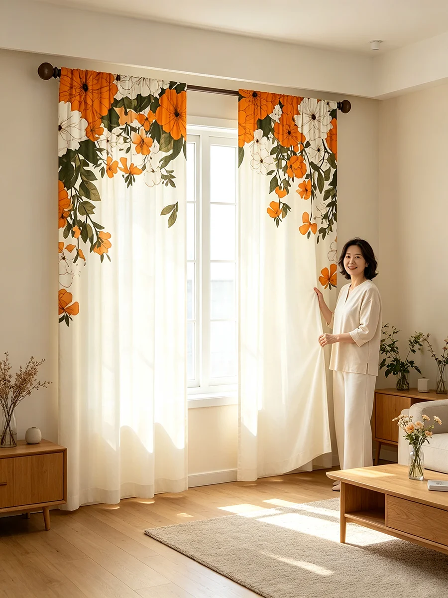 2PCS Digital Printed Curtains, Pastoral Orange White Flower Print Pattern, Modern Simple Elegant Style for Living Room Bedroom B