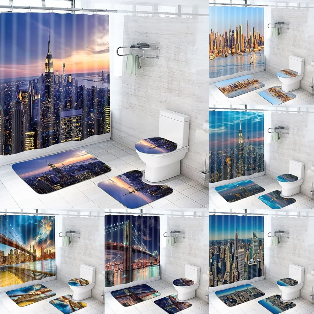 Modern Building Shower Curtain Sets Rug Bathroom Mats Toilet Cover New York City Skyscrapers Sunset Night Scenery Bath Curtains