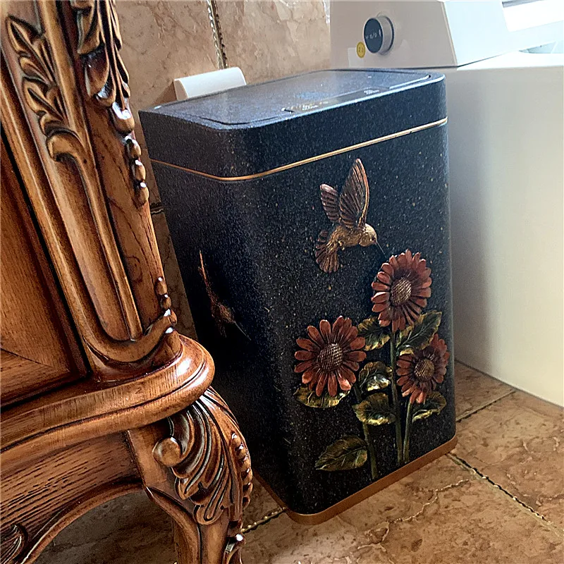 Light Luxury Smart Induction Trash Can Retro Domestic New Chinese Style Living Room Bedroom Kitchen Creative with Cover