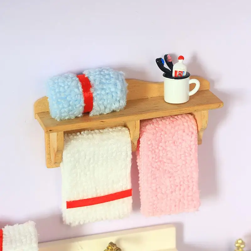 

1 Set 1/12 Dollhouse Towel Rack Doll Accessories Scene Model Toys Mini Cosmetics Shelf Miniature Wooden Furniture Bathroom Kit
