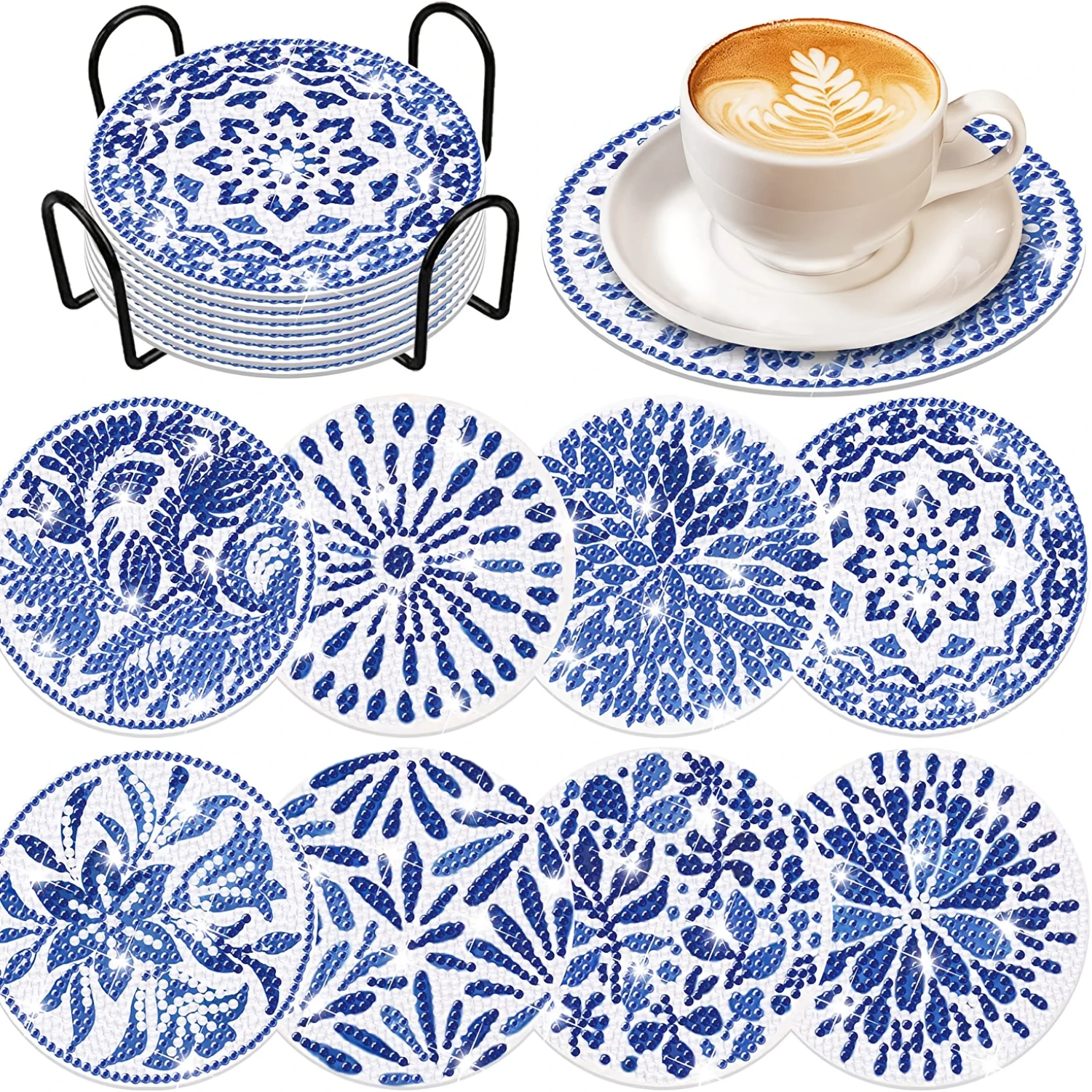 

8 pieces of blue and white porcelain painting coasters with brackets, DIY art coaster set, suitable for beginner art and craft