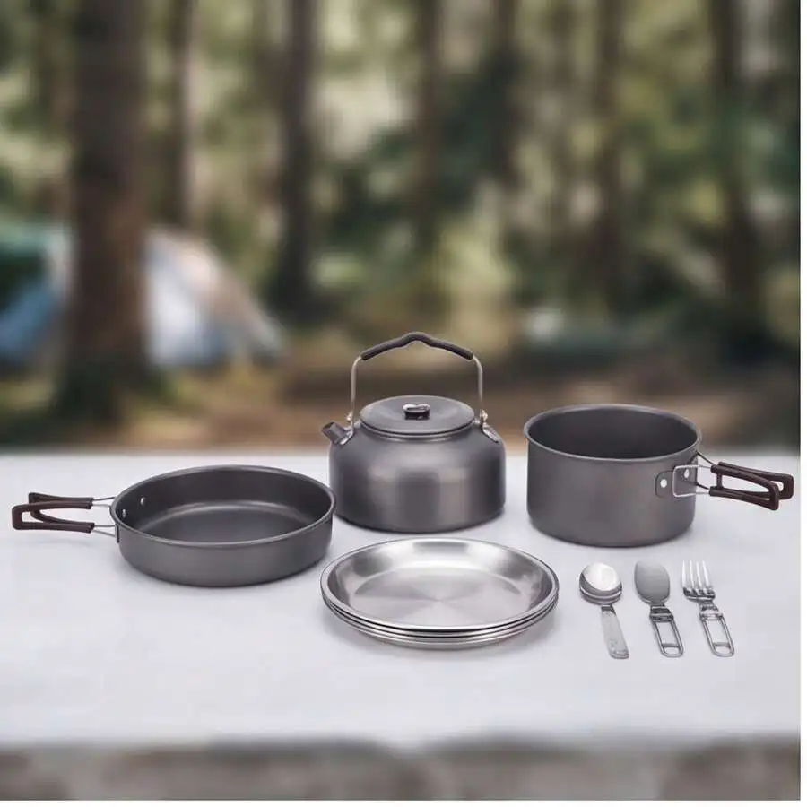10-Piece Outdoor Cookware Set (8 Utensils + 1 Color Box + 1 Storage Bag) Stainless Steel Camping Cookware Full Set, Folding Hand