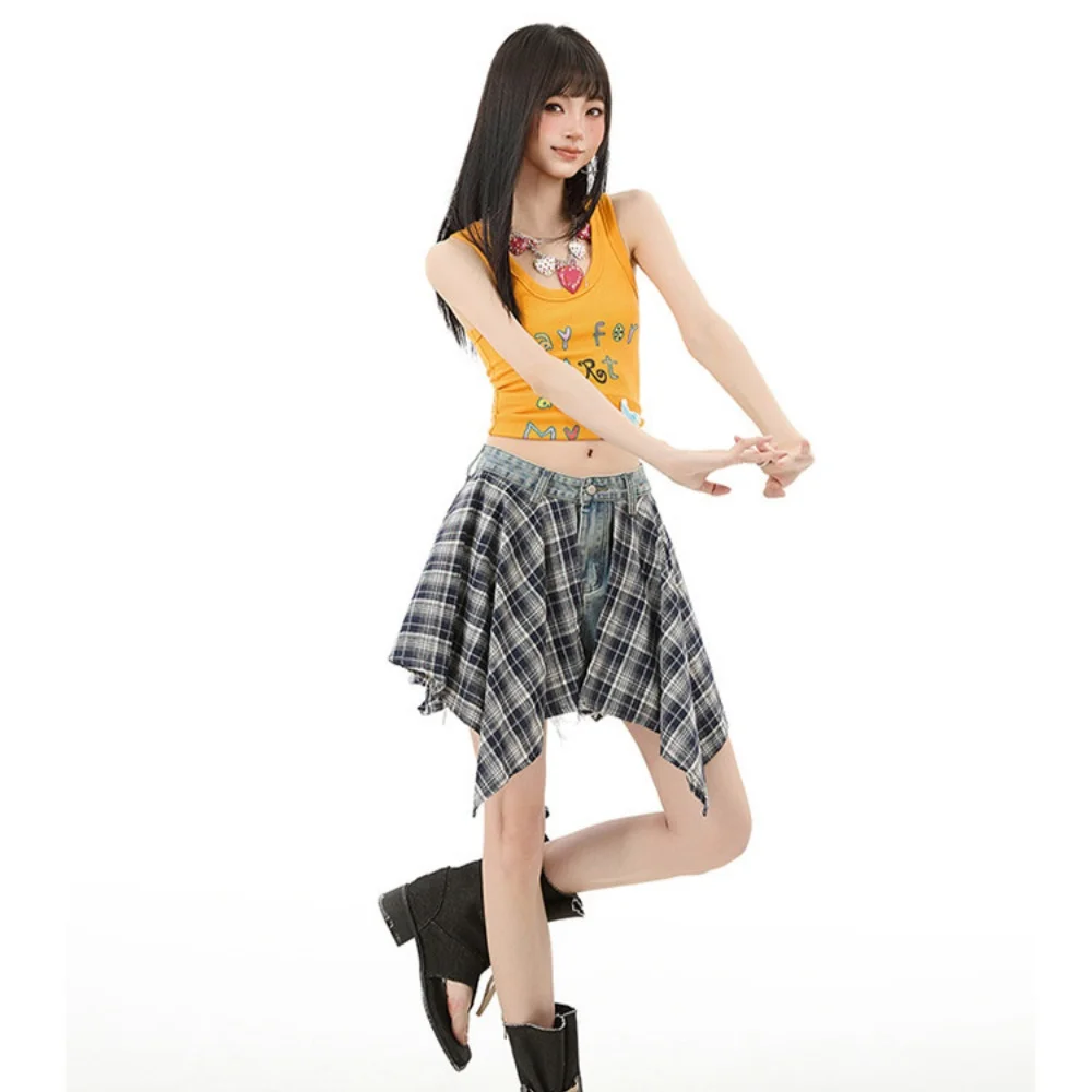 2026 Summer American Style Irregular Plaid Spliced Denim Shorts Women's Casual Versatile Fasle Two-piece Raw Edge A-line Shorts