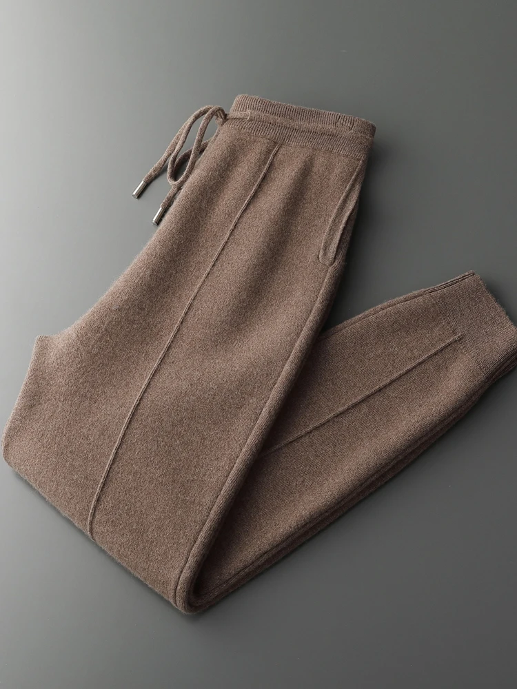 

Men's Wool Pencil Pants Autumn Winter Thick Mid Seam Knit Trousers 100% Merino Wool Knitwear Elastic Waist Casual Cashmere Pants