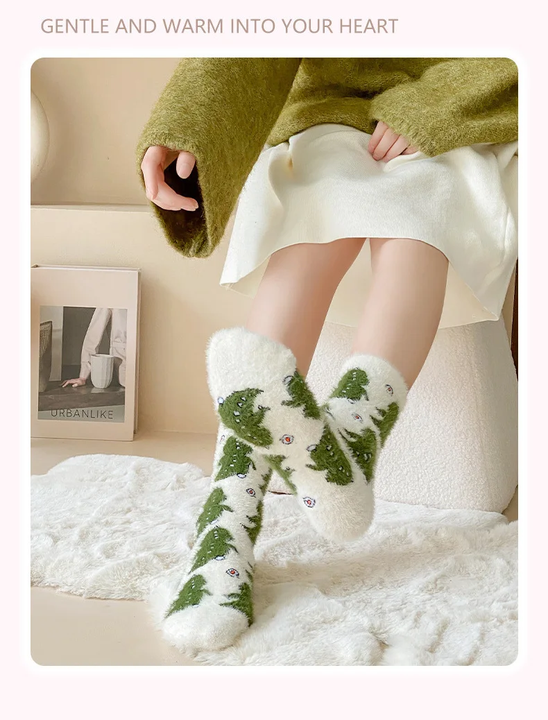 3/6 Paar Winter-Socken für Damen, niedliche Cartoon-Kuh-Socken aus Nerzvelours, weiche, mittelhohe Socken, flauschige, thermische, weiche Dinosaurier-Socken – Detail 12