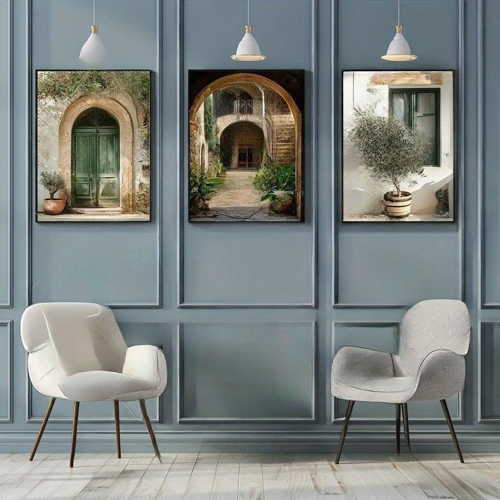3pcs/Set frameless, Mediterranean Stone Arches Olive Tree Potted Plants Canvas Printing Retro Green Door Wall Art Posters for Ho view 3
