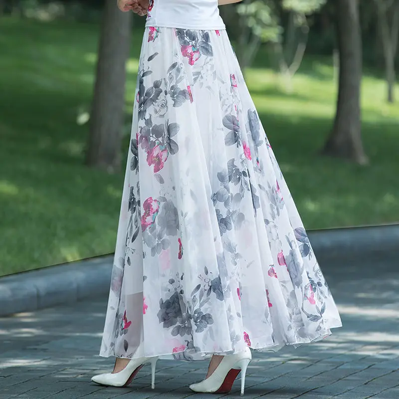 Summer Autumn New High Waist Skirts Womens Elastic Waist Full Long Skirt Print A-Line Mother Dance Skirts Swing Chiffon Skirt