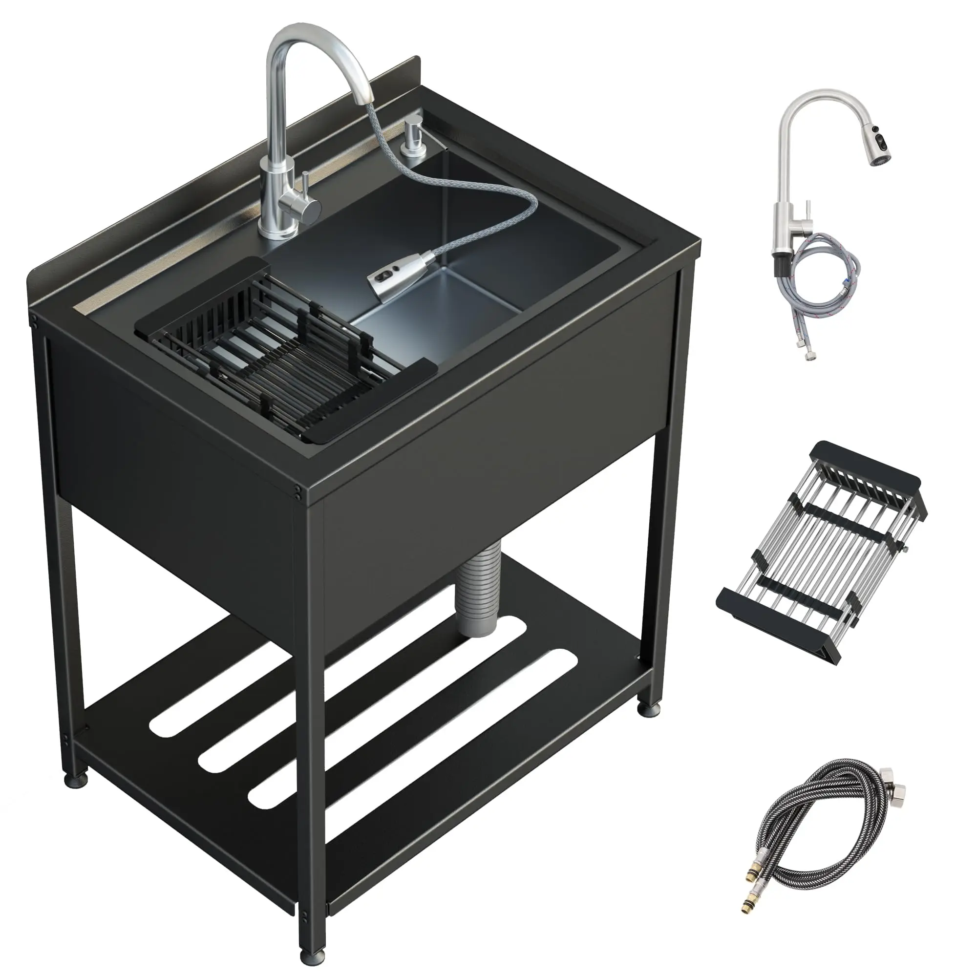 30inch Stainless Steel Utility Sink, Commercial Kitchen Single Bowl Sink with Cold and Hot Water Faucet,Hoses and Drain