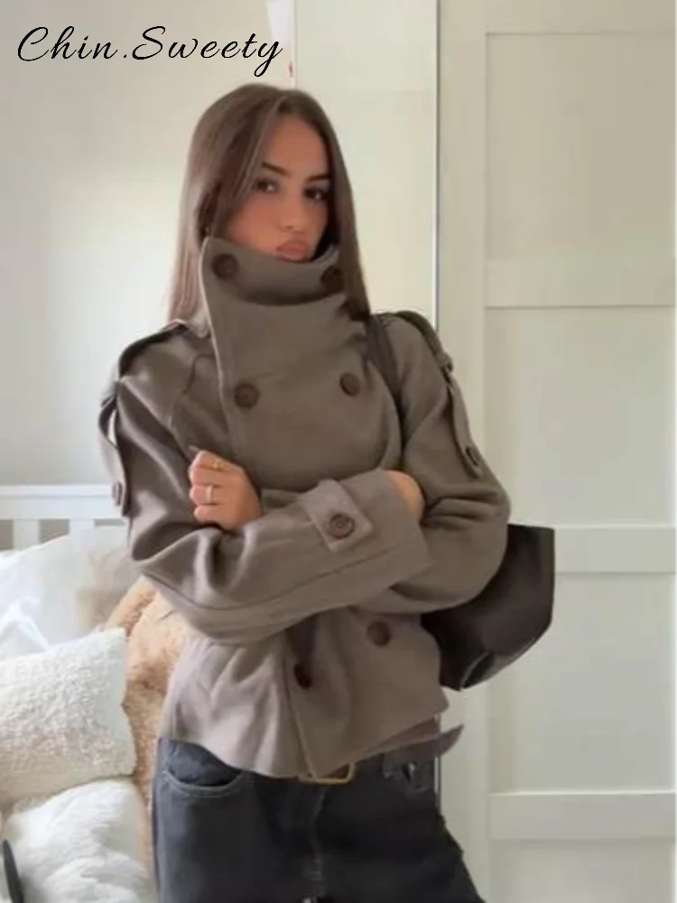 

Street Women's Double Breasted Woolen Coats Loose Stand Collar Long Sleeve Female Jacket 2025 Autumn Winter Lady Warm Outwear