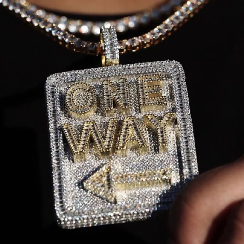

Big Heavy Iced Out Bling Man Jewelry Arrow Letter ONE WAY Hip Hop Punk Men Geometric Rectangle Pendant Necklace