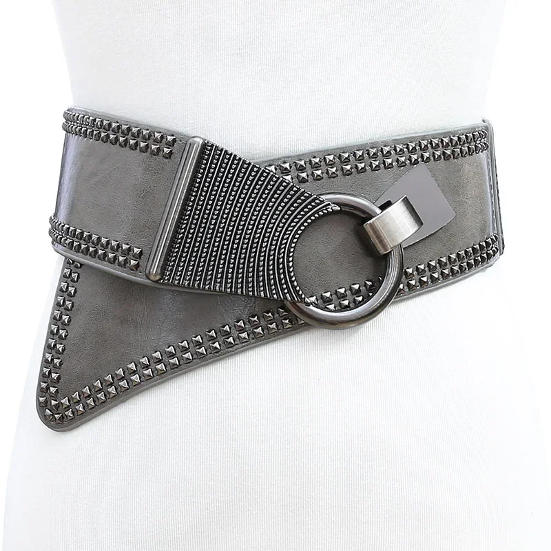 

2023 Punk Style Rivets Beading Round Buckle Women Belt Female Pu Leather Super Wide 9CM Belts Ceinture Femme Leisure Cummerbunds