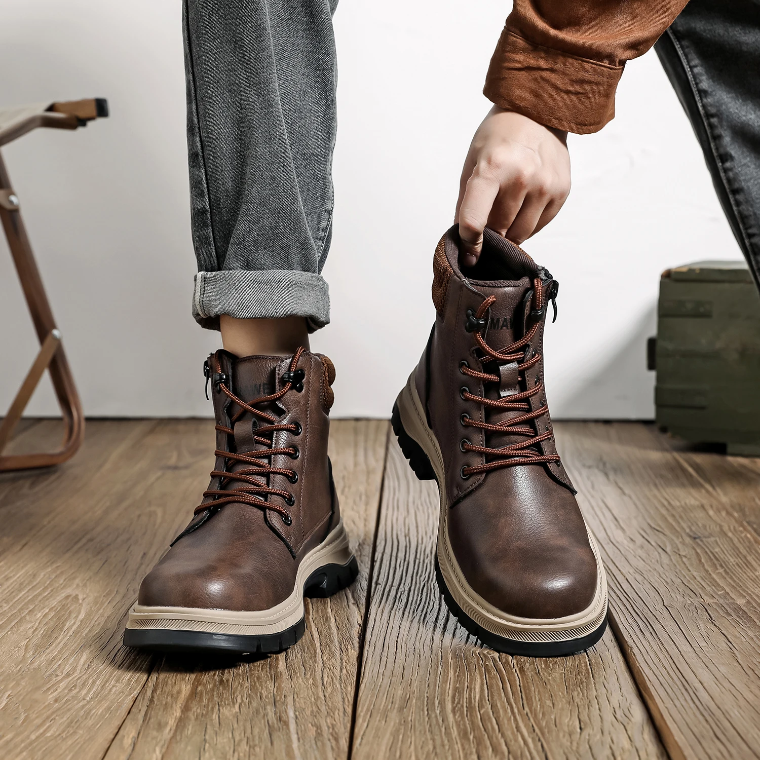 Sicherheitsstiefel Braun Wasserdicht Herren Stahlkappenschuhe Arbeit Anti-Drop Anti-Piercing Starke langlebige Schutzschuhe Unzerstörbar – Detail 4