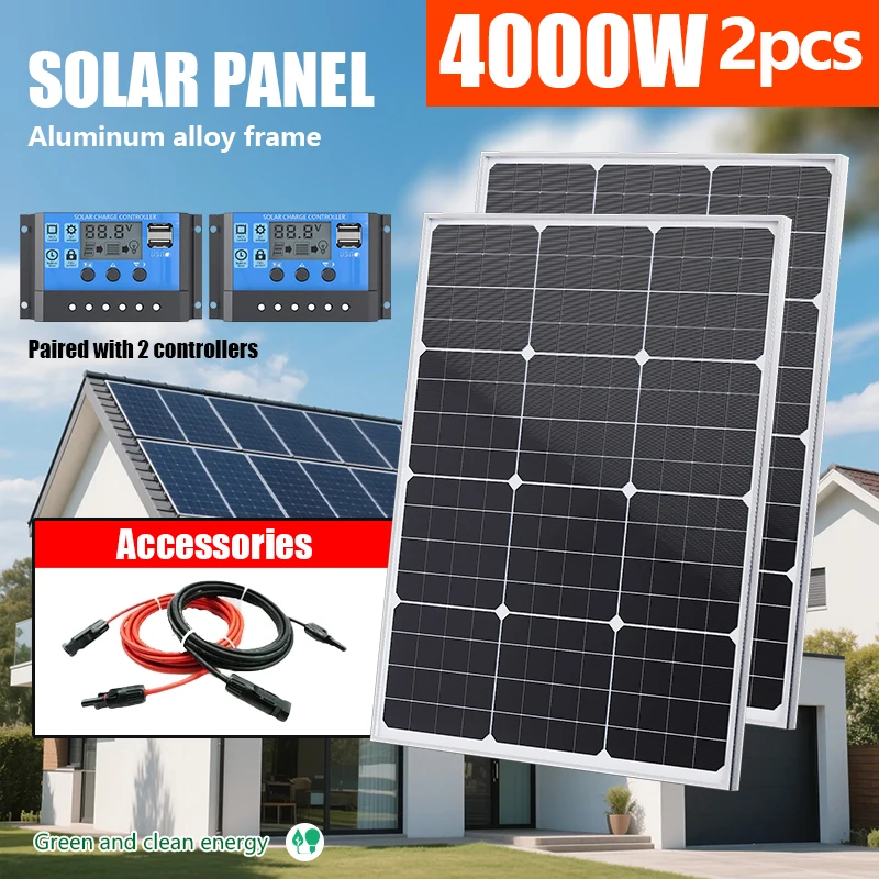 4000W Portable Solar Panel Kit 2x2000W 18V Tempered Glass & Mounting Bracket - High Power Generator for RV Home Off-Grid