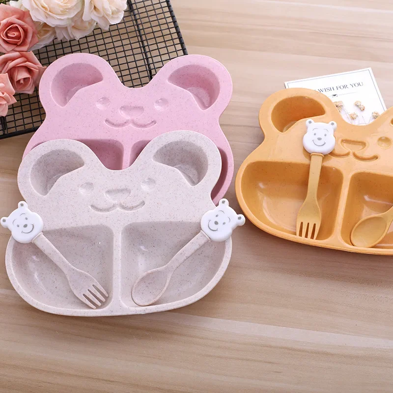 Cross-border Explosive Wheat Straw Children's Tableware Set Baby Cute Bear Divided Plate Anti-fall Rice Bowl Fork Spoon