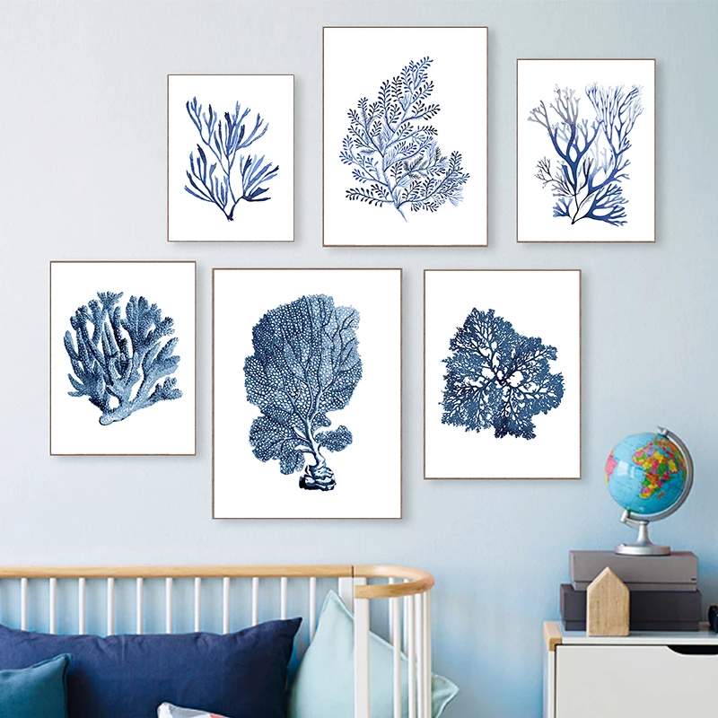 Pósteres e impresiones de lienzo de algas marinas azul índigo, pintura de acuarela de Coral, arte de pared para sala de estar, imágenes decorativas, decoración para Baño