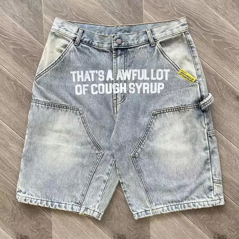 COUGH SYRUP Denim Shorts Street Trendy Fashion Letter Print Rhinestone Pants