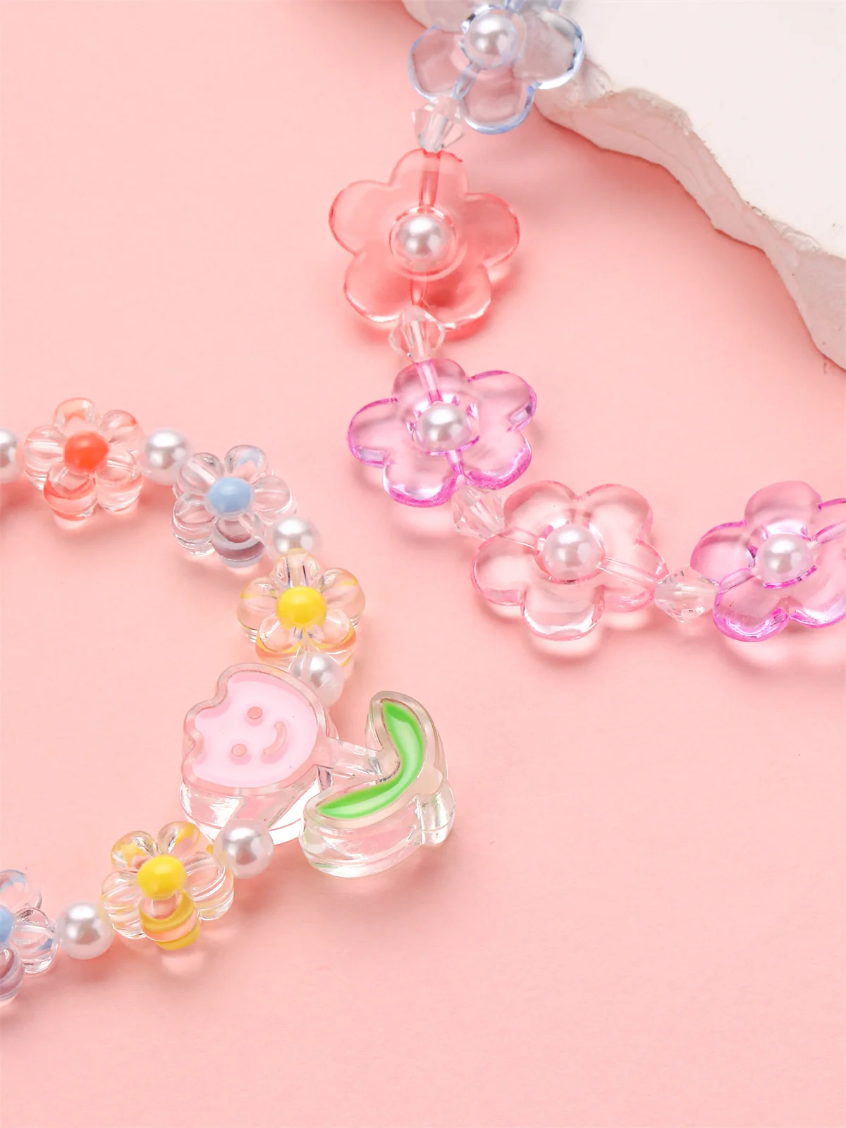 2Pcs Pink Flower Smile Princess Necklace Bracelet Set for Girls Daughter Imitation Pearl Pendant Jewelry Gift for Children