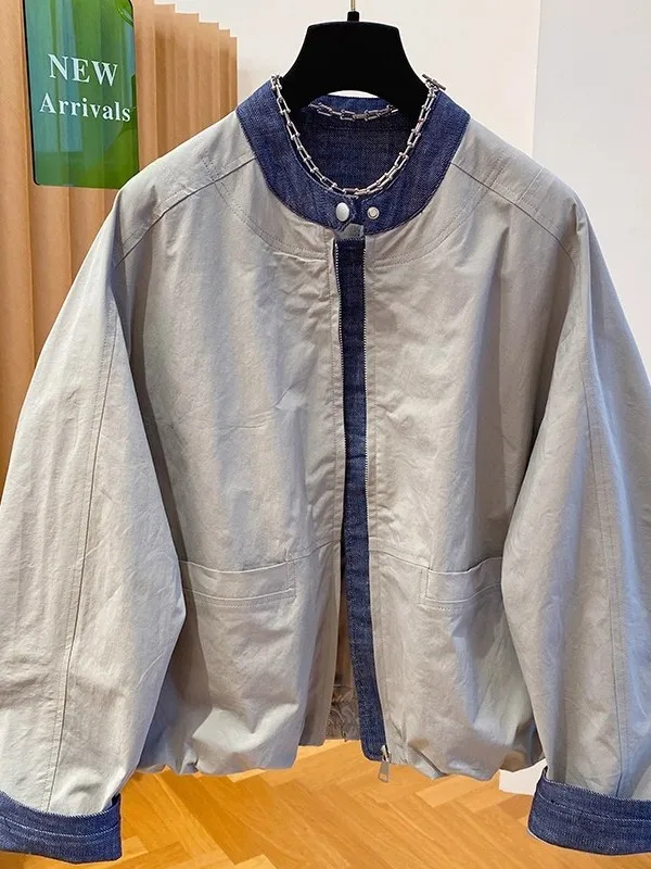 컬러 블로 데님 재킷 여성용 루즈핏 지퍼 가디건 탑 봄 가을 신상 슬림 디자인 출퇴근용 긴 소매