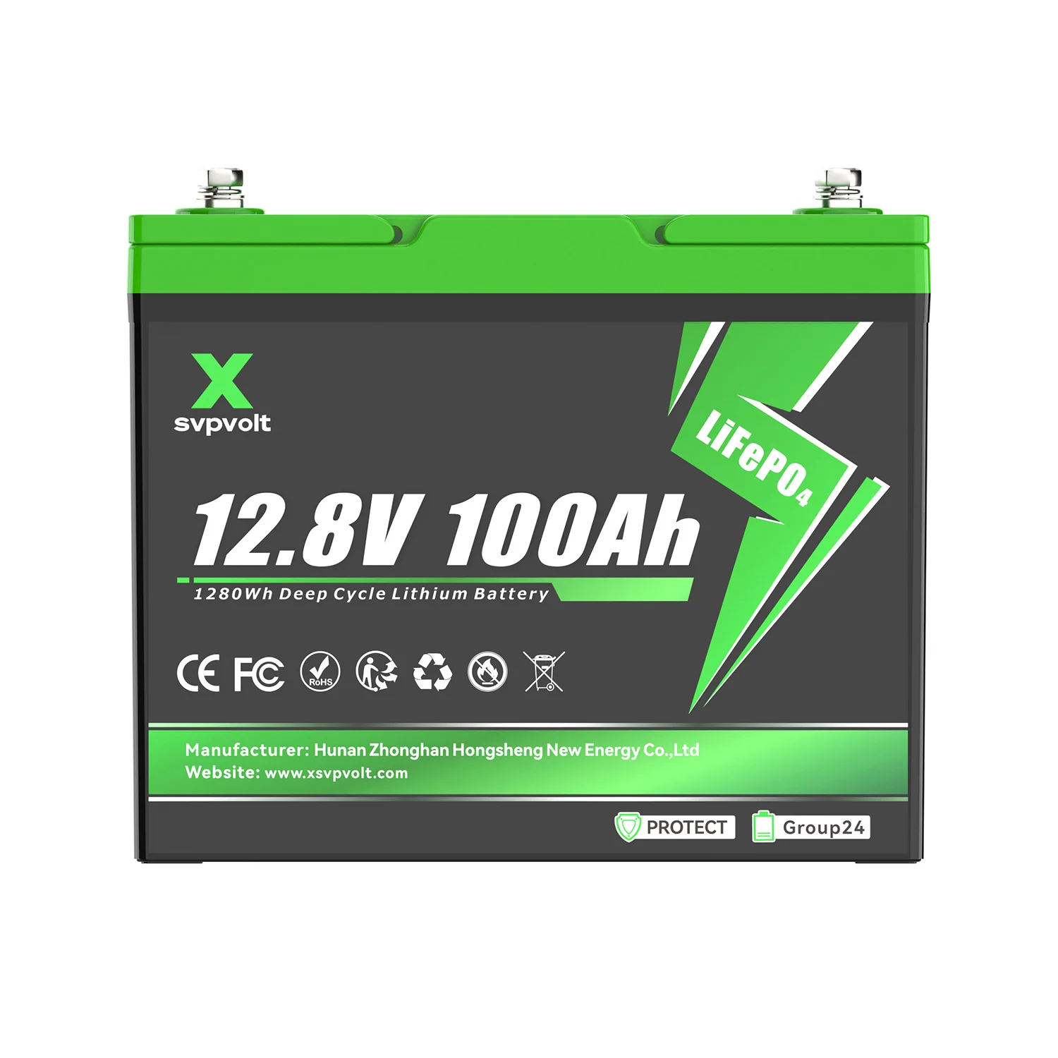 Group 24 12.8V 100Ah Lithium Iron Phosphate Battery, 1280Wh Deep Cycle Power for RV, Boat, Solar and Backup, 100A BMS