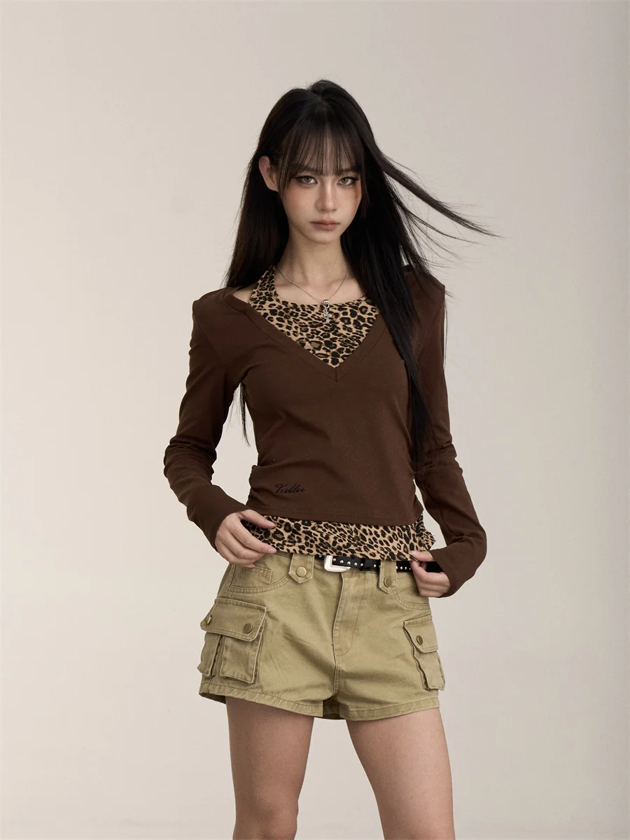 

Onlpp American Retro Hot Girl Fake Two-Piece Leopard Print Long Sve T-irt Women's Slim Fit Hanging Ne Splice Top