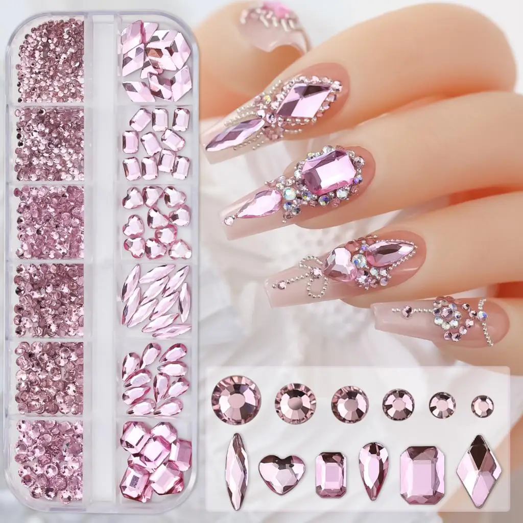 12Grids/Box Multi-Size Nail Art Rhinestone Translucent Colorful Mix Shape Flatback Glass Diamond Jewel Decoration Manicure Charm