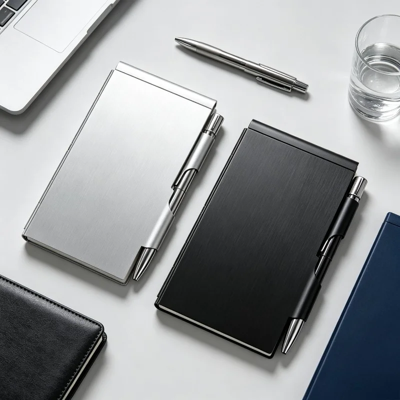 1Pc Fashion‑Inspired Aluminum Alloy Notebook with Pen, sleek portable metal mini journal for business and personal daily use