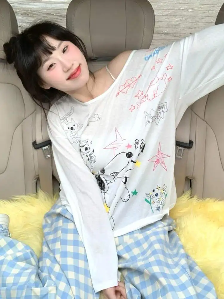 American Lazy Thin Cartoon Cover up Top lungo Sve Casual Allentato Estate New Sle Set a due pezzi Pantaloni a gamba dritta a vita alta