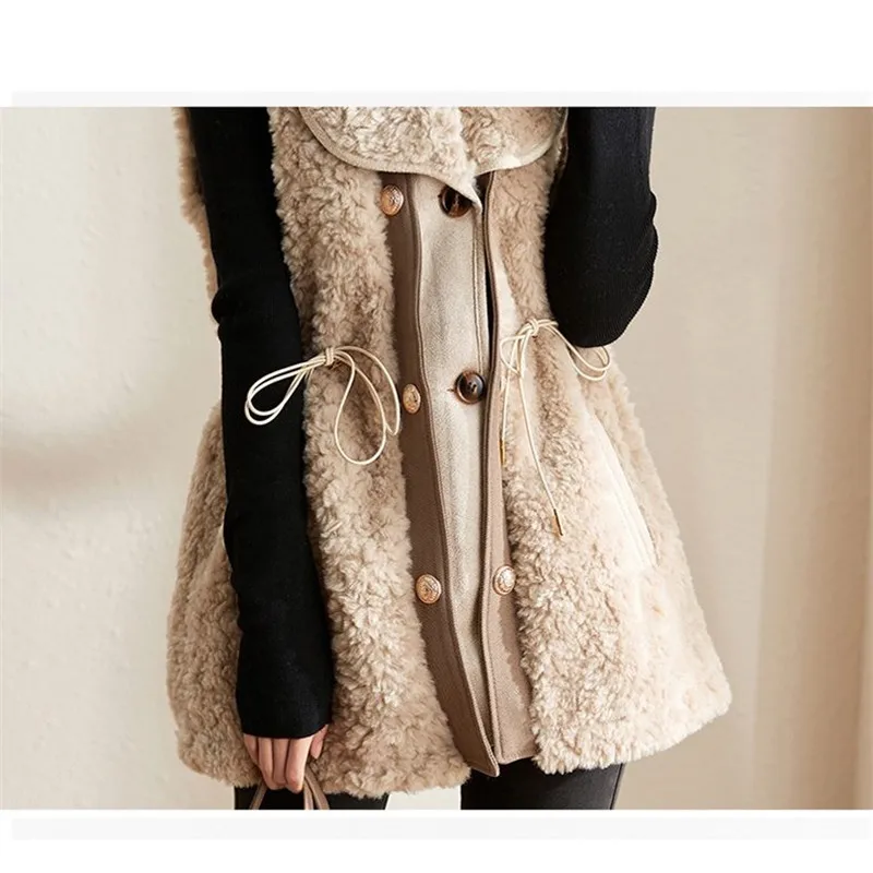 Lamb Wool Vest Jacket Women Autumn Winter Solid Color Thick Sleeveless Coat Chaleco Mujer Fashion Drawstring Female Waistcoat