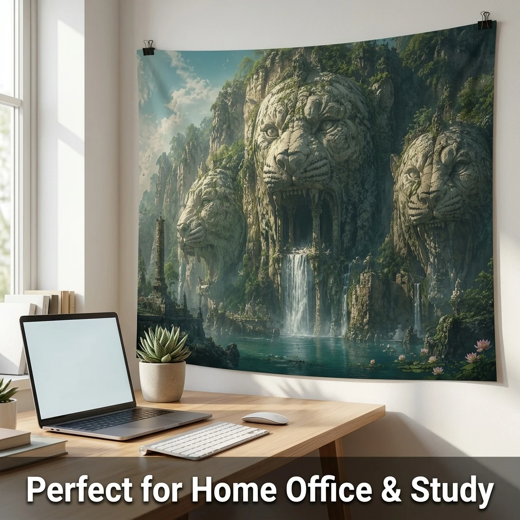 Majestic Fantasy Creature Faces Tapestry Wall Hanging Jungle Waterfall Decor Mystical Cave Mural Abstract Art for Home Office Li