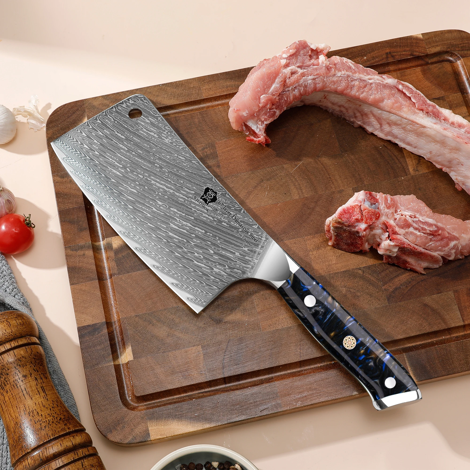 WILDMOK 6.5 Inch Heavy Duty Damascus Steel Bone Chopper Knife, Home & Restaurant Use, Black Resin Handle, Premium Gift